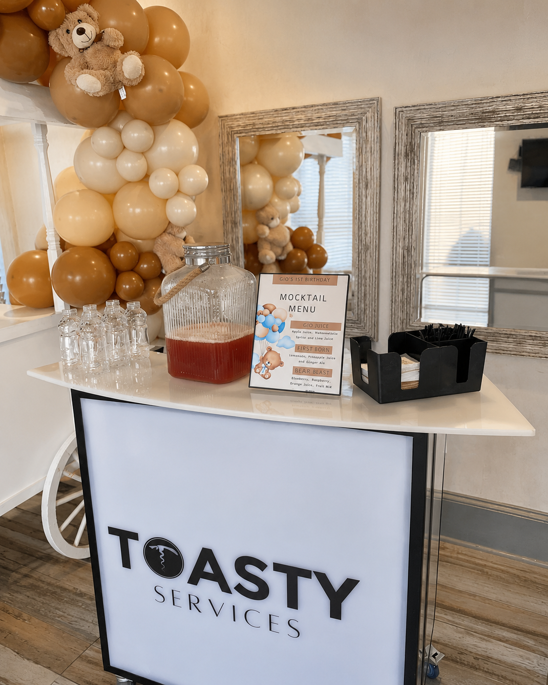 Toasty Services mobile beverage cart styled for a first birthday celebration
