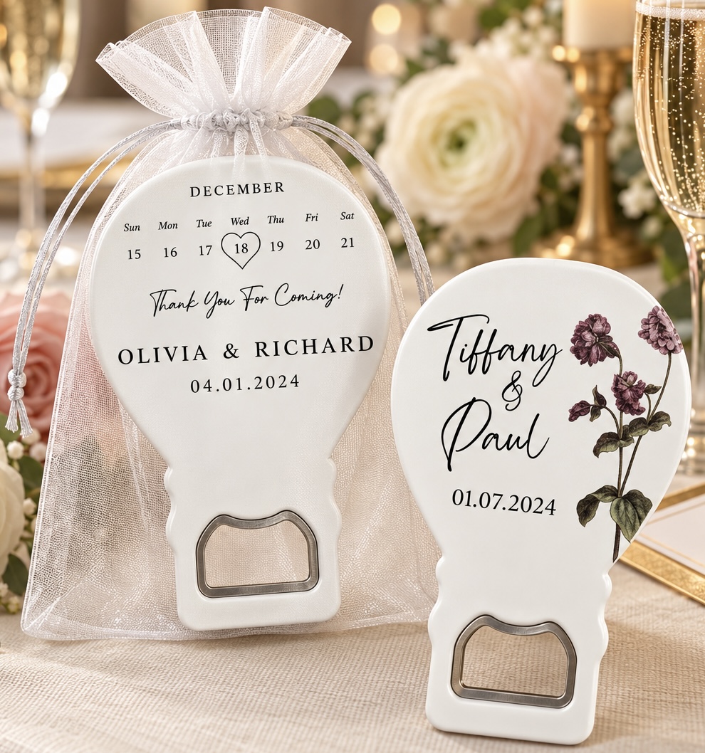 Personalized wedding favor bottle openers with couple names and date