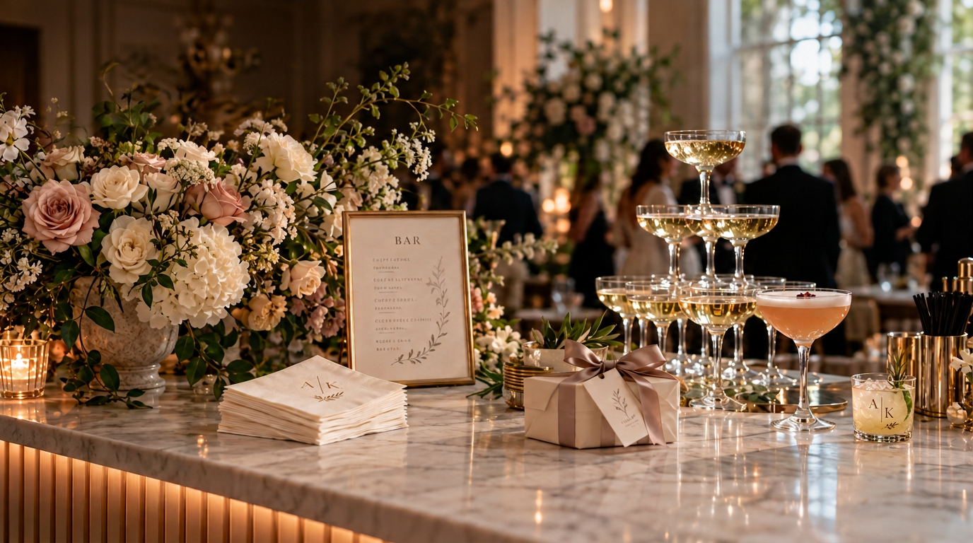 Moody styled engagement bar with florals, candles, custom cups and a champagne tower