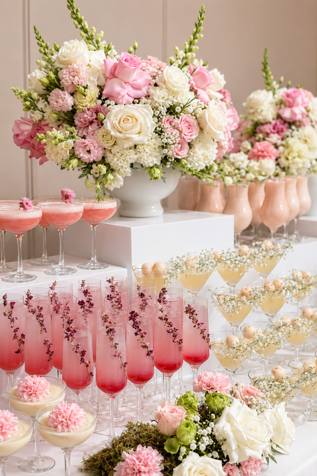 Beverage buffet bar with glass dispensers, florals and glassware