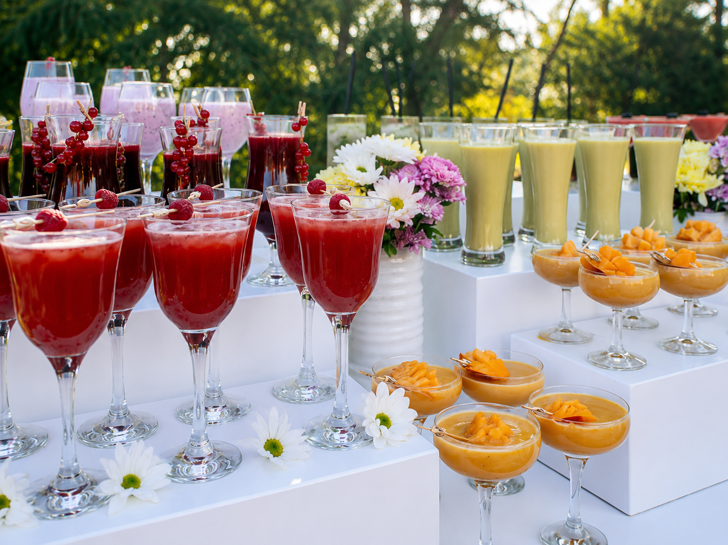 Colorful signature cocktail display with red, gold and purple drinks on white pedestals