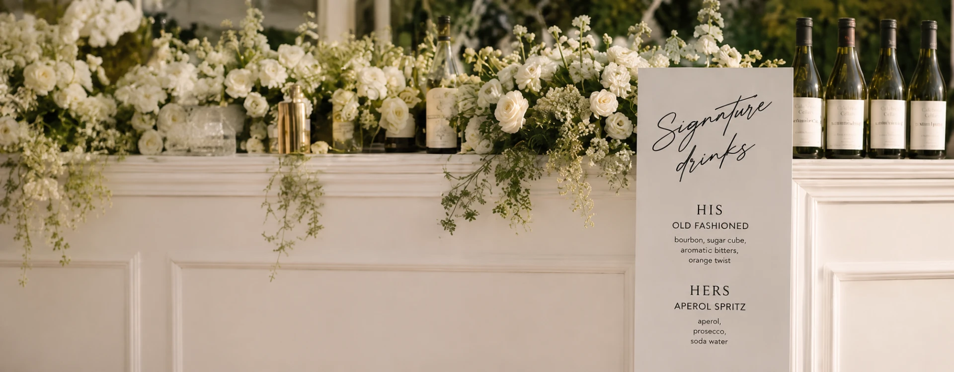 White floral wedding bar with signature drinks sign and wine bottles