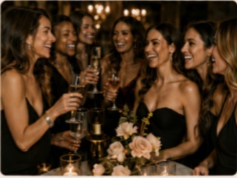 Guests toasting champagne coupes at an evening celebration