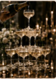 Champagne tower being poured at a wedding reception
