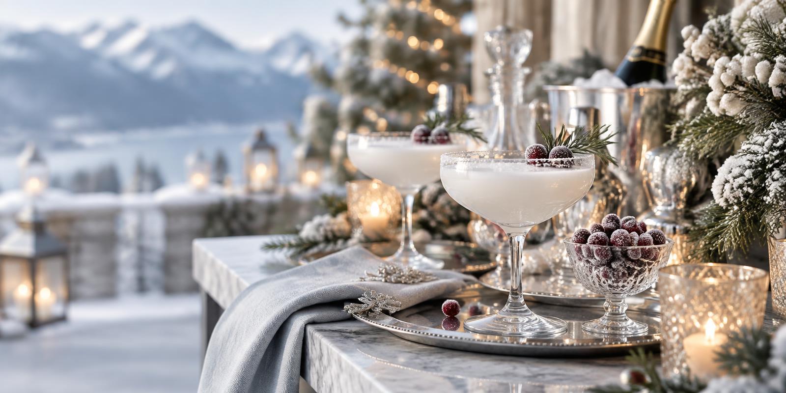 Winter cocktail bar with frosted coupe glasses, candles, and snowy greenery