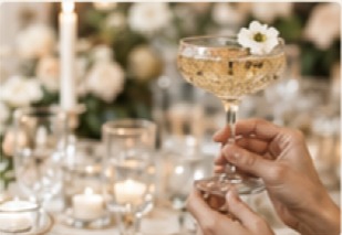 Hands toasting a coupe glass garnished with an edible flower