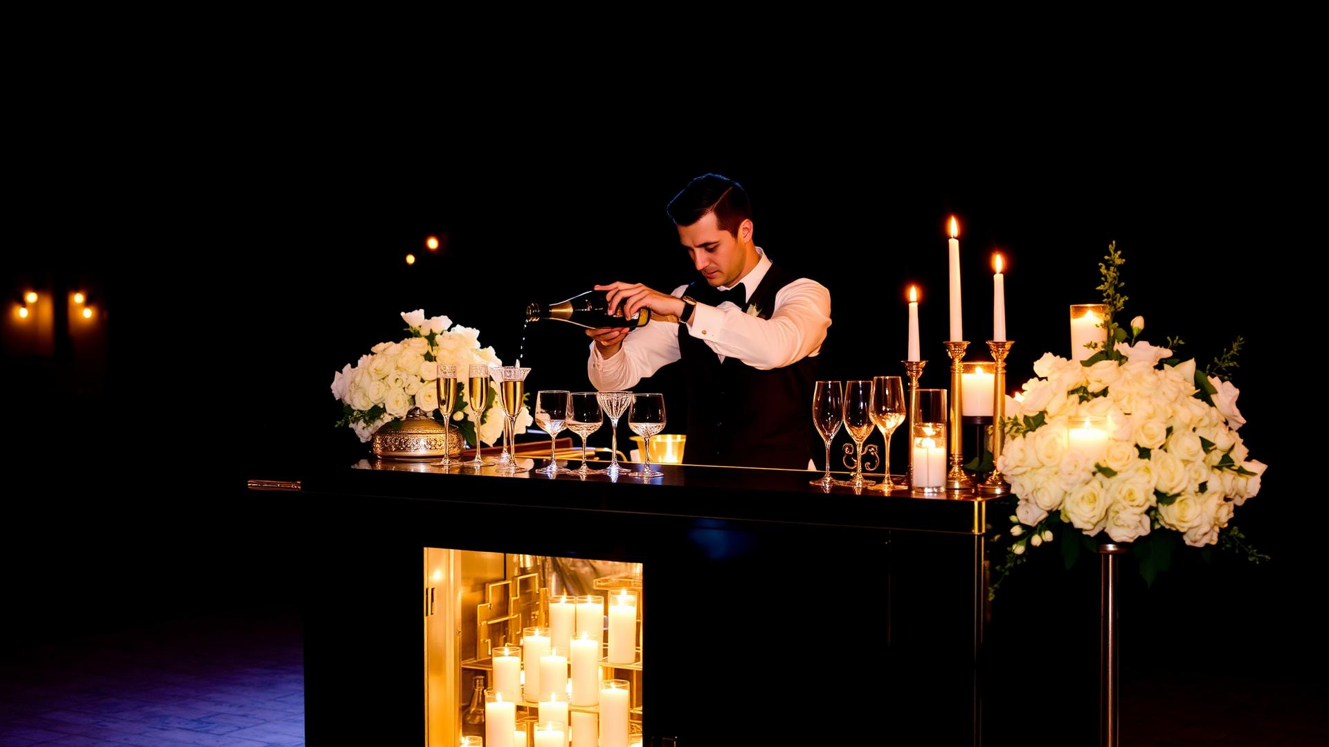 Bartender pouring champagne at a candlelit luxury wedding bar